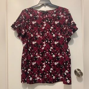 Lane Bryant Burgundy Floral Blouse with Ruffle Sleeves